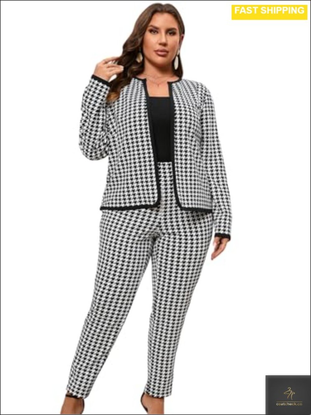 Women's Plus Size 2 Piece Houndstooth Open Front Jacket and Pants Business Set